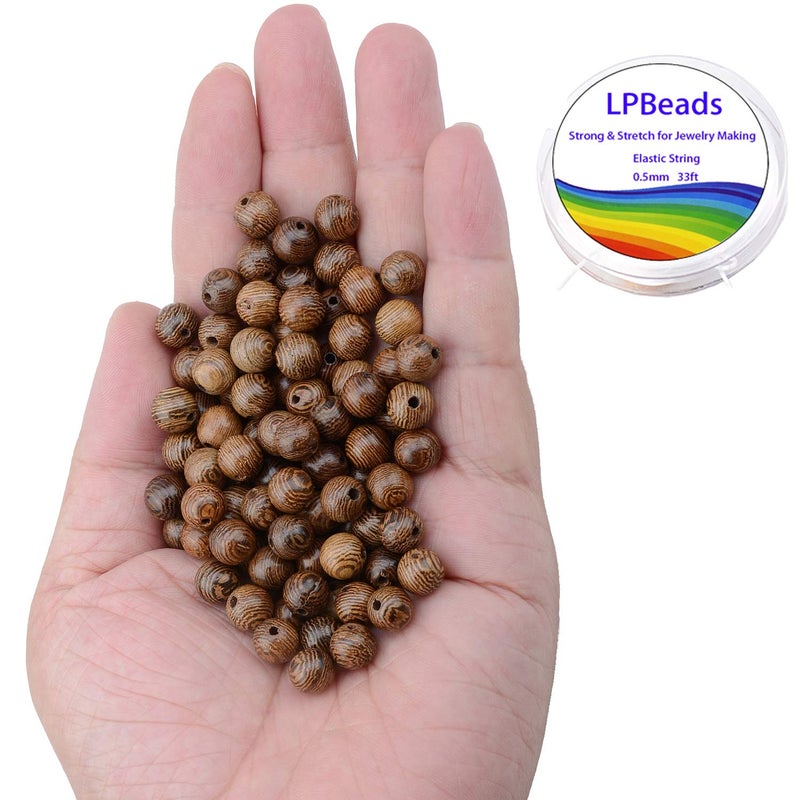 LPBeads 100PCS 8mm Natural Round Wood Beads for Jewelry Making with Crystal Stretch Cord - Image 2